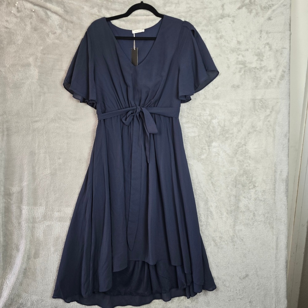 Talisea Navy Blue High Low Chiffon V-Neck Flutter Sleeve Dress Plus Size 16W NEW